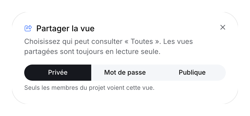 Dialogue de partage d’une vue avec l’accès privé sélectionné.