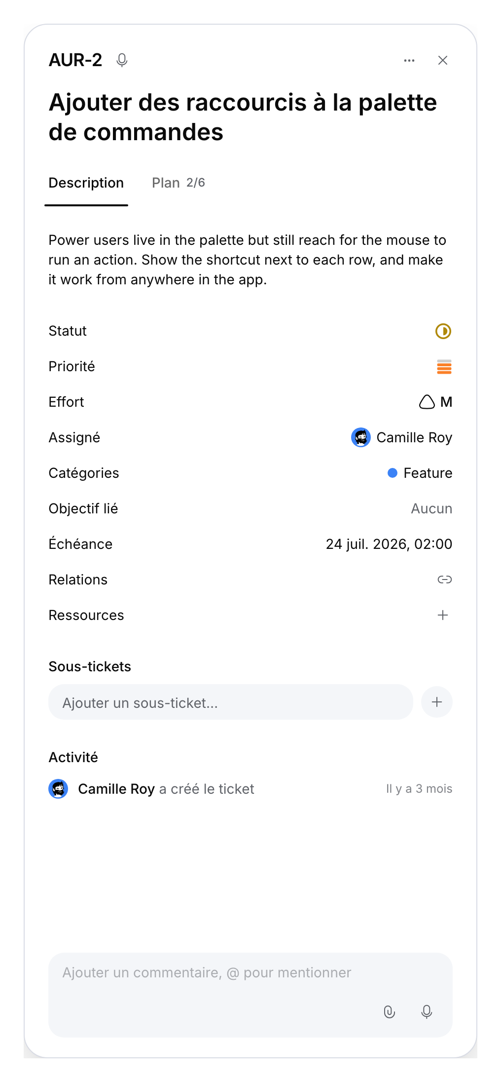 Champ de création d’un sous-ticket dans un parent de démonstration.