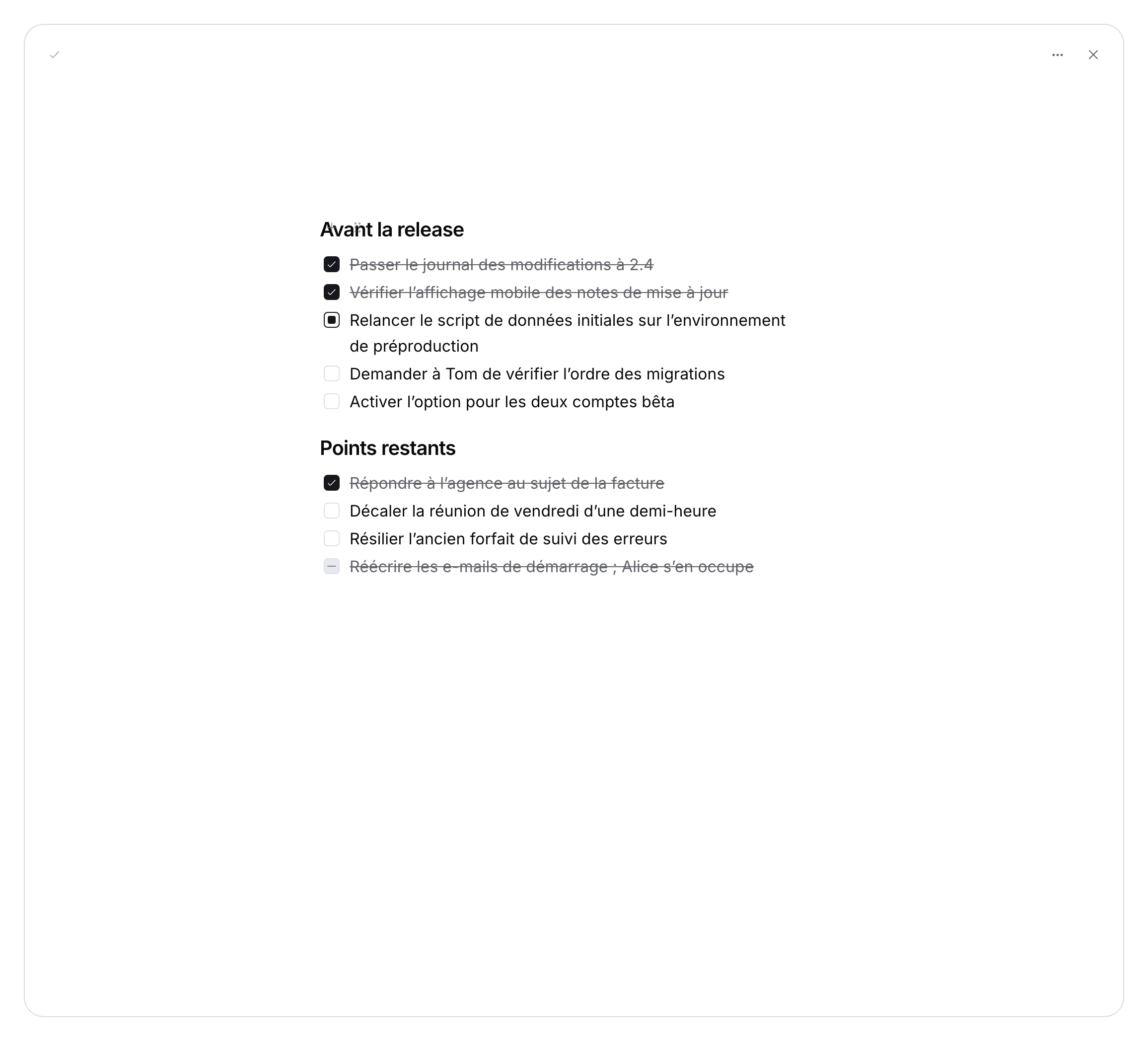 Tâches personnelles de démonstration localisées dans le carnet.