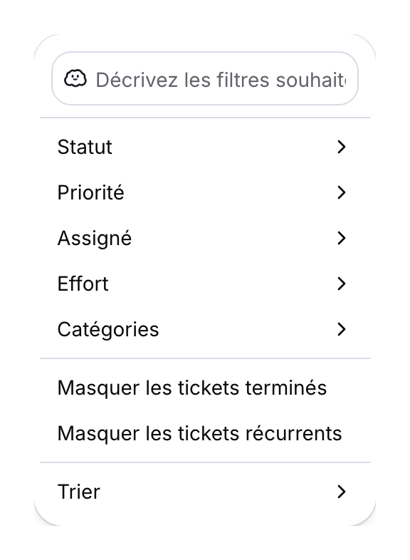 Filtres manuels d’une vue et menu de classement.