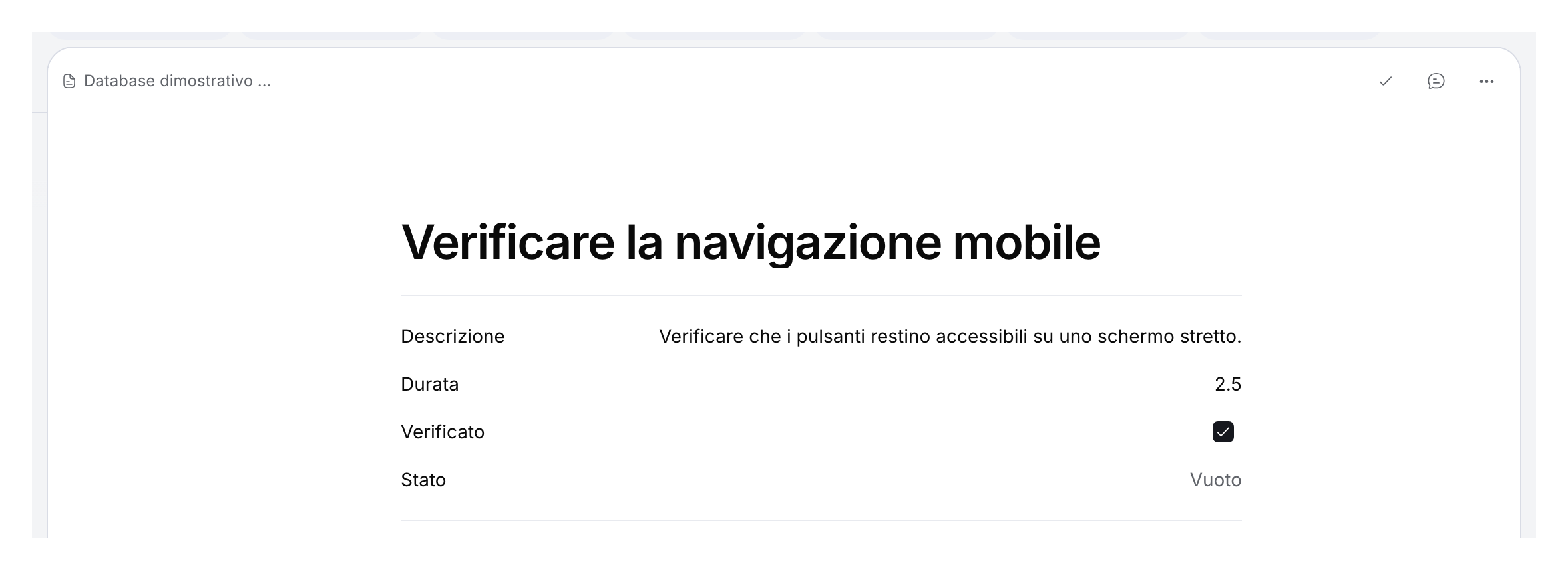 Voce dimostrativa con descrizione, durata 2.5, casella selezionata e selezione vuota.