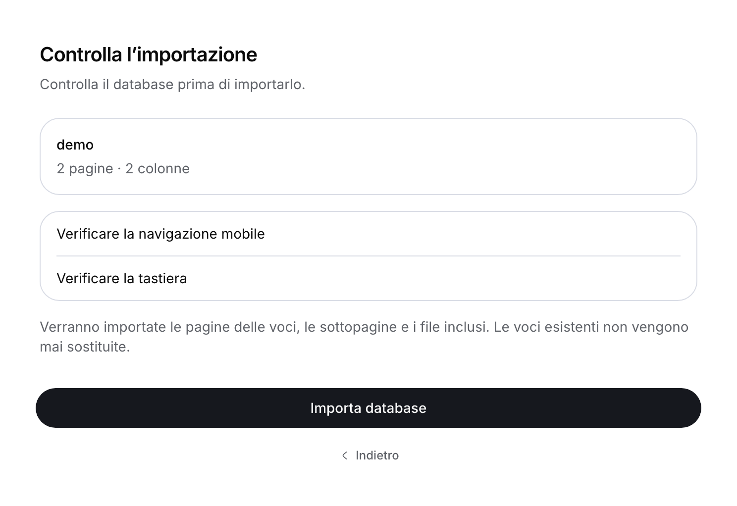 Verifica di un CSV locale: due pagine di voci e due colonne, con il pulsante Importa database.