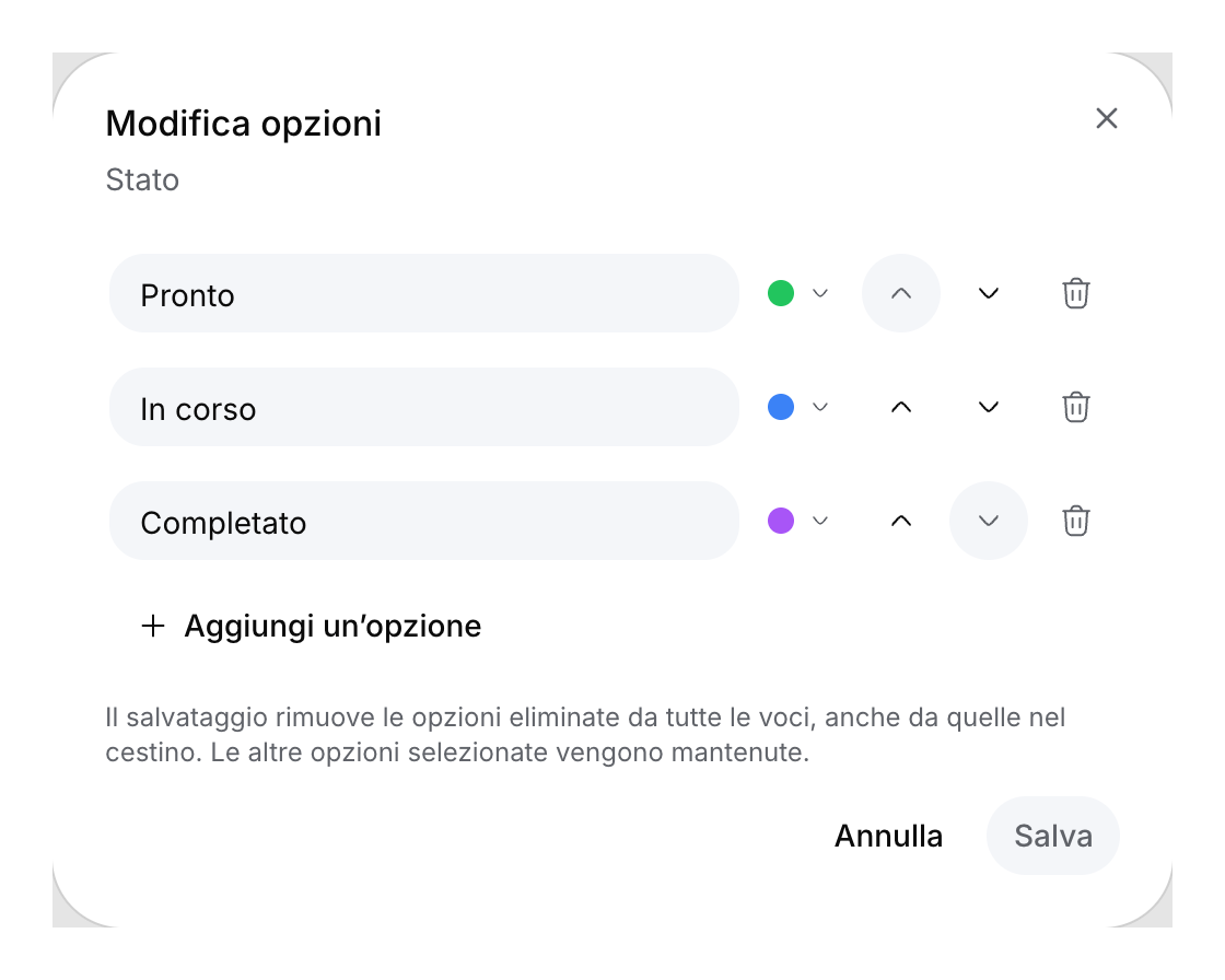 Anteprima del componente Modifica opzioni con stati in italiano, frecce verso l’alto e il basso, cestini e la spiegazione dell’eliminazione.