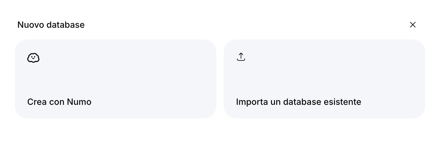 Anteprima del componente con le schede per configurare una nuova banca dati con Numo o importarne una esistente.