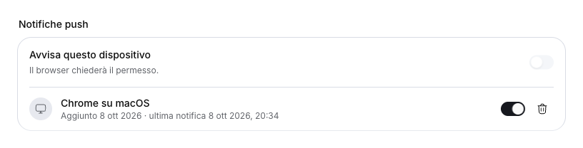 Dispositivo browser registrato e attivo sull’account, con la data effettiva dell’ultimo invio.