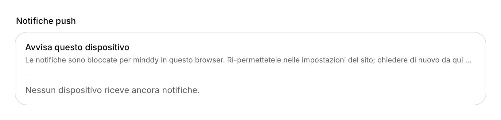 Impostazioni push con permesso bloccato nel browser e nessun dispositivo registrato.