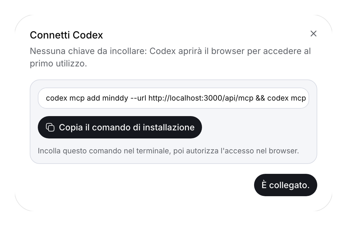 Finestra di installazione di Codex con l’endpoint minddy Cloud.