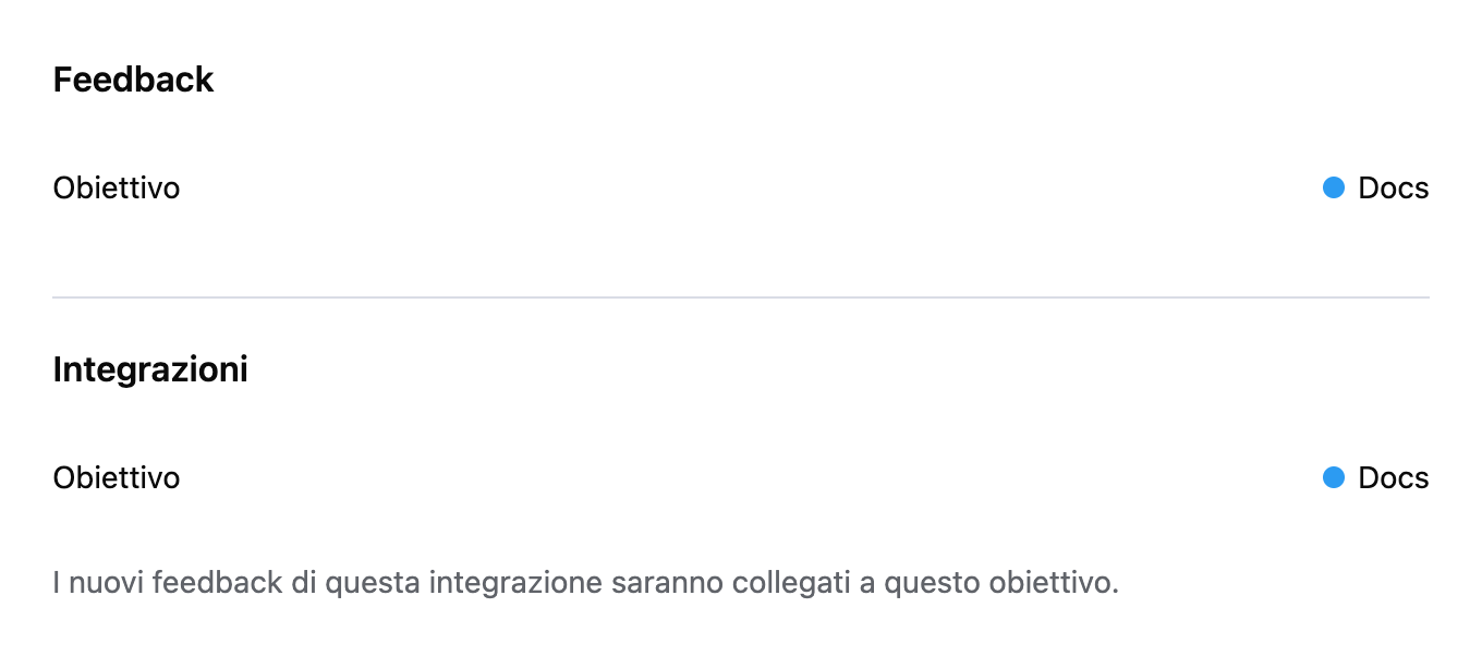 Anteprima dei componenti di selezione dell’obiettivo per un feedback e un’integrazione, entrambi impostati su Docs.
