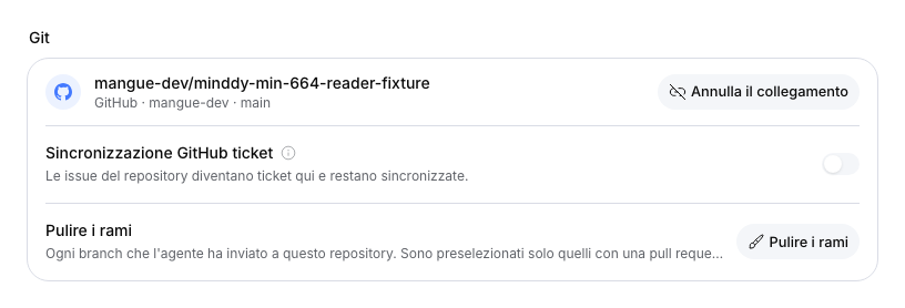 Repository dimostrativo GitHub collegato, con la sincronizzazione delle issue disattivata.