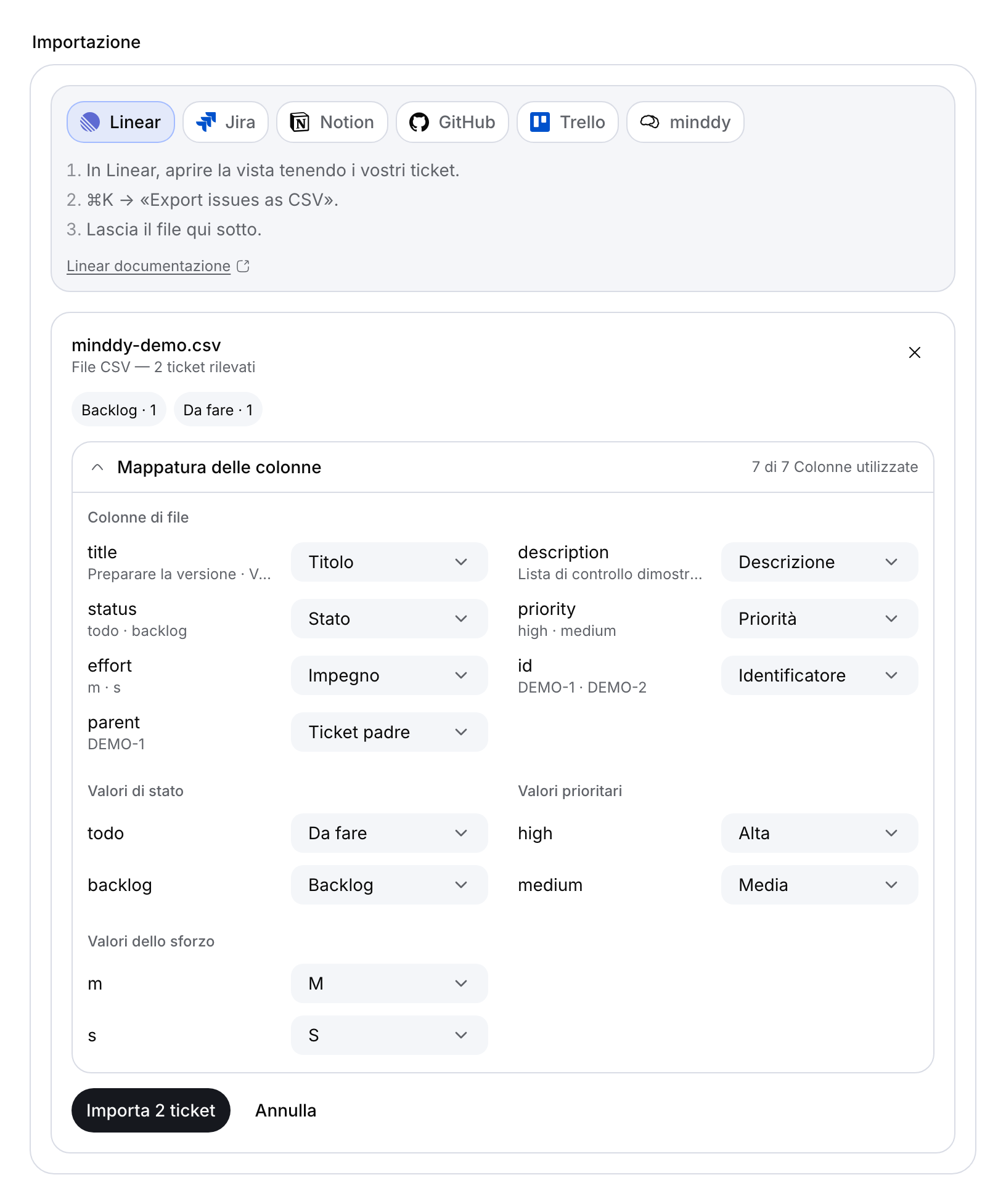 Anteprima CSV di due righe dimostrative tradotte e delle colonne rilevate.