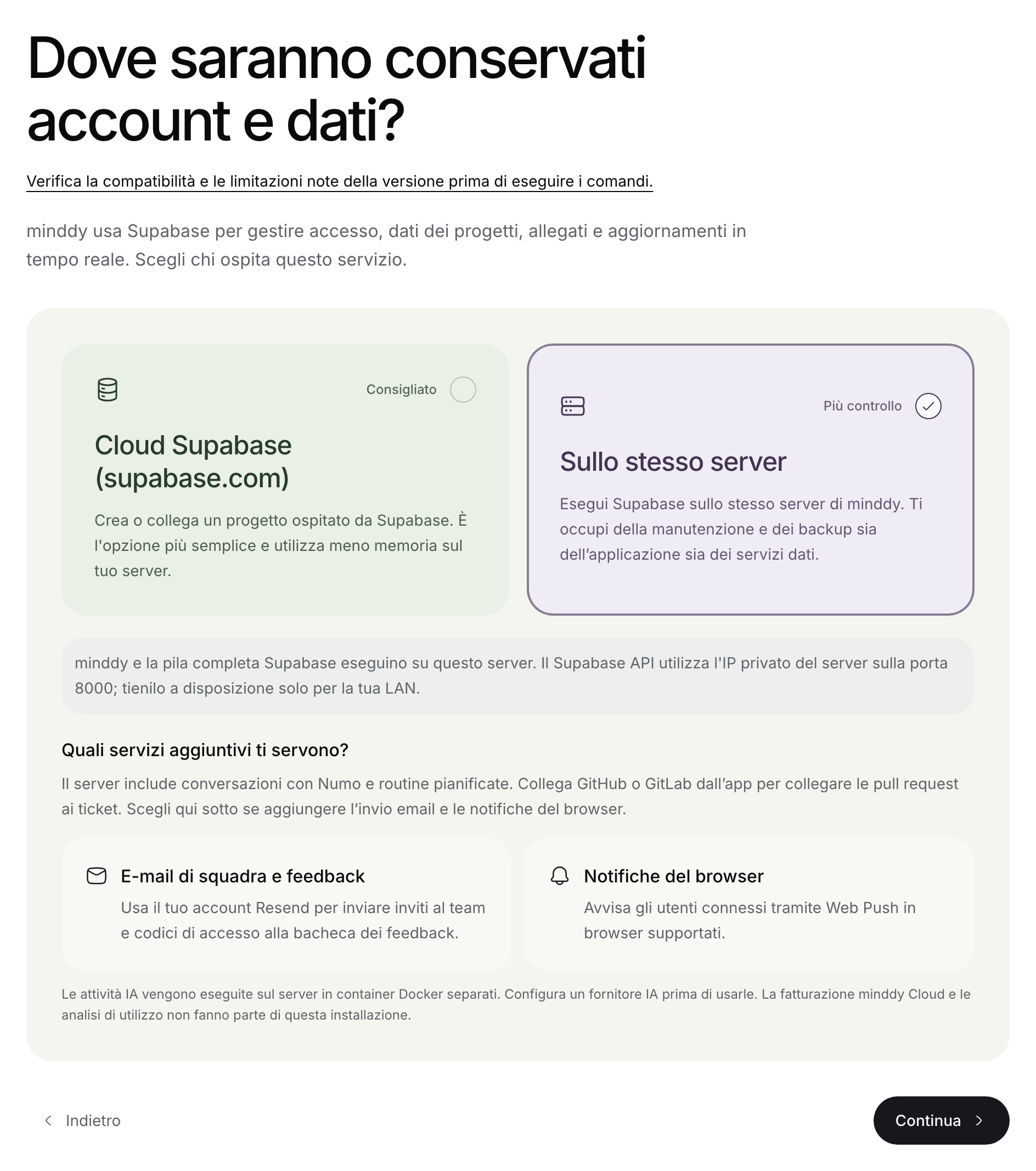 Assistente pubblico di installazione con Supabase sullo stesso server selezionato.