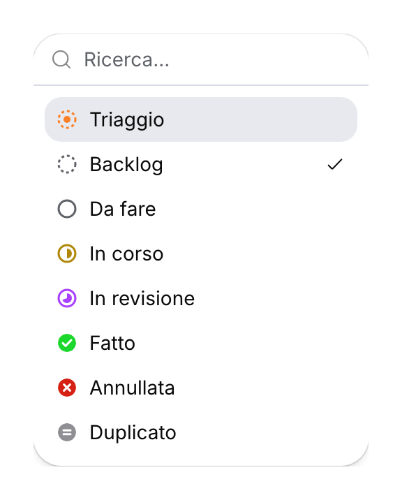 Gli otto stati del ticket nel selettore, con Backlog selezionato.