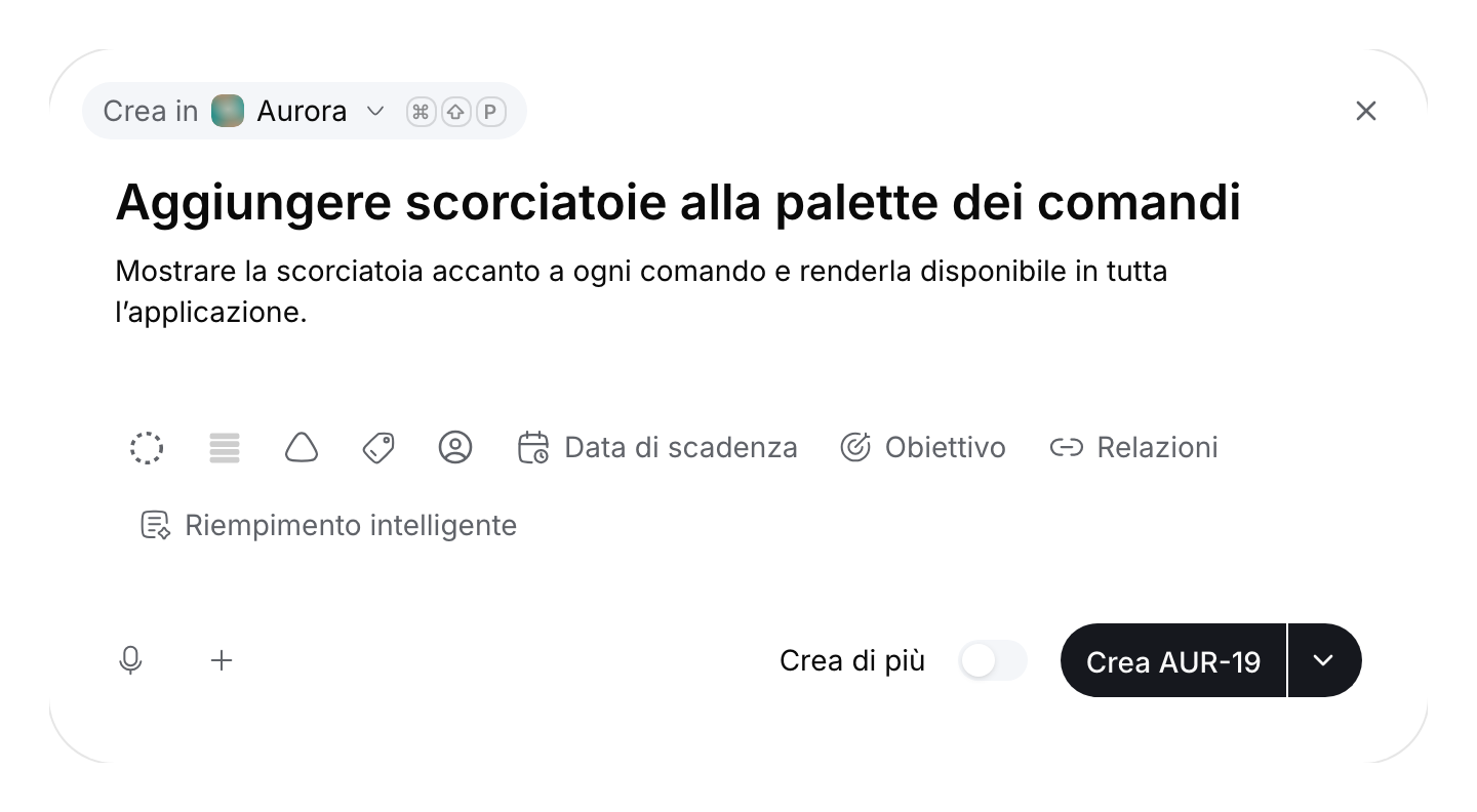 Bozza non inviata nel progetto Aurora con titolo, descrizione, proprietà selezionabili manualmente e il pulsante Crea AUR-19.