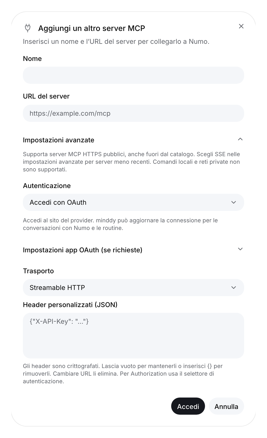 Modulo per un server MCP personalizzato con impostazioni avanzate di autenticazione, trasporto e header.