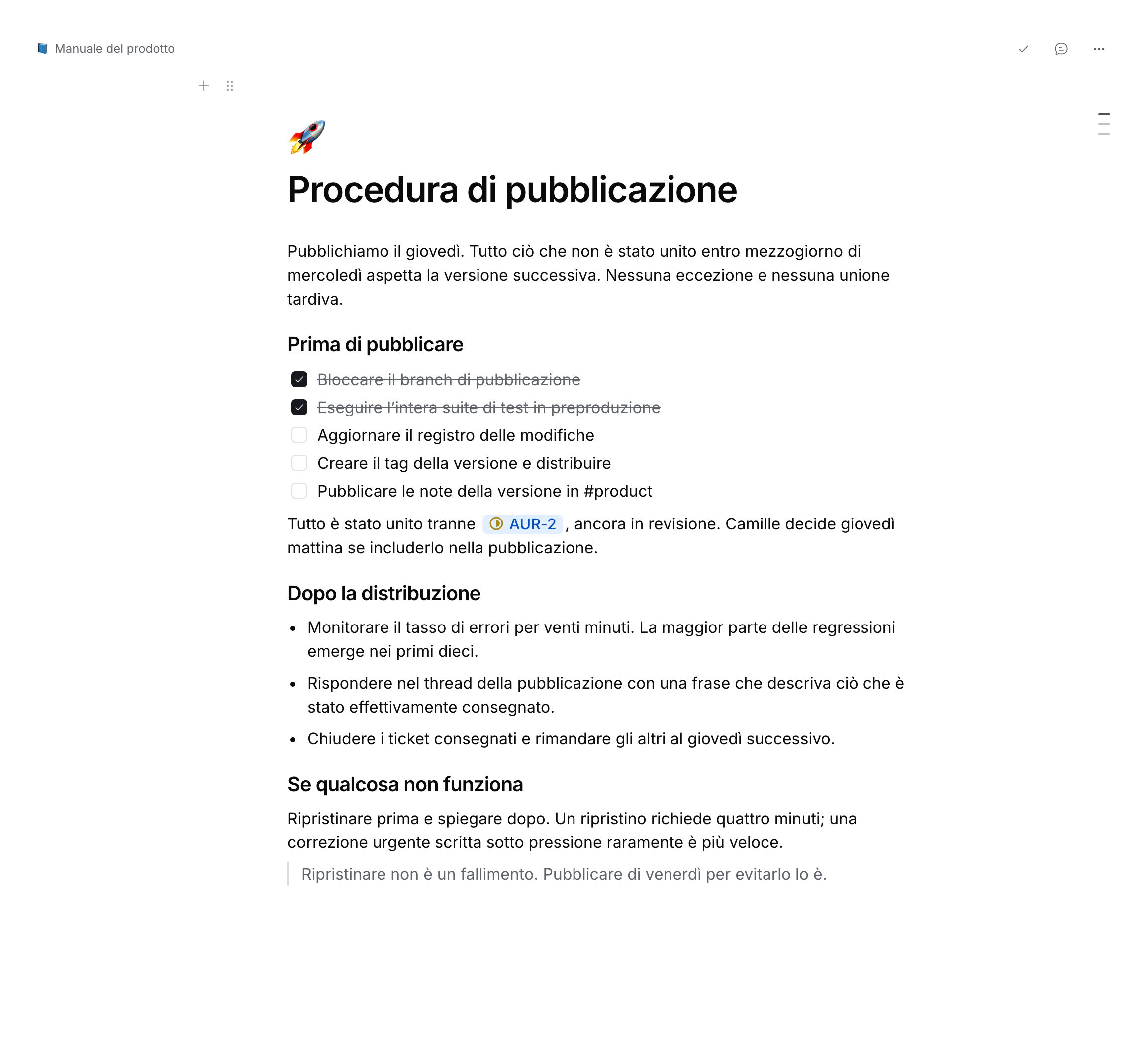 Pagina dimostrativa con titoli, paragrafi, caselle delle attività e una menzione a un ticket.