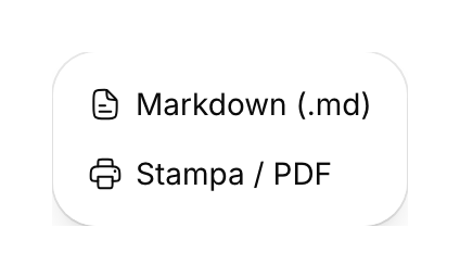 Menu di esportazione del documento con Markdown (.md) e Stampa / PDF.