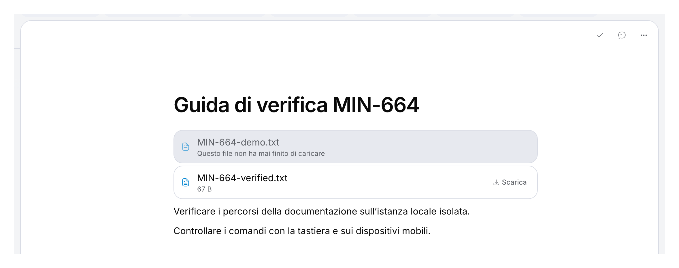 Pagina dimostrativa con un caricamento incompleto e un file salvato di 67 byte con il comando Scarica.