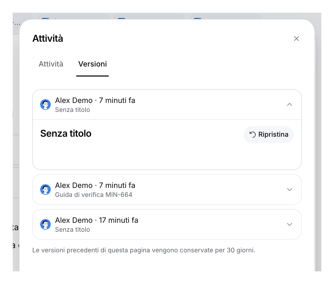 Scheda Versioni con uno stato precedente espanso, autore, Ripristina e avviso di conservazione per 30 giorni.