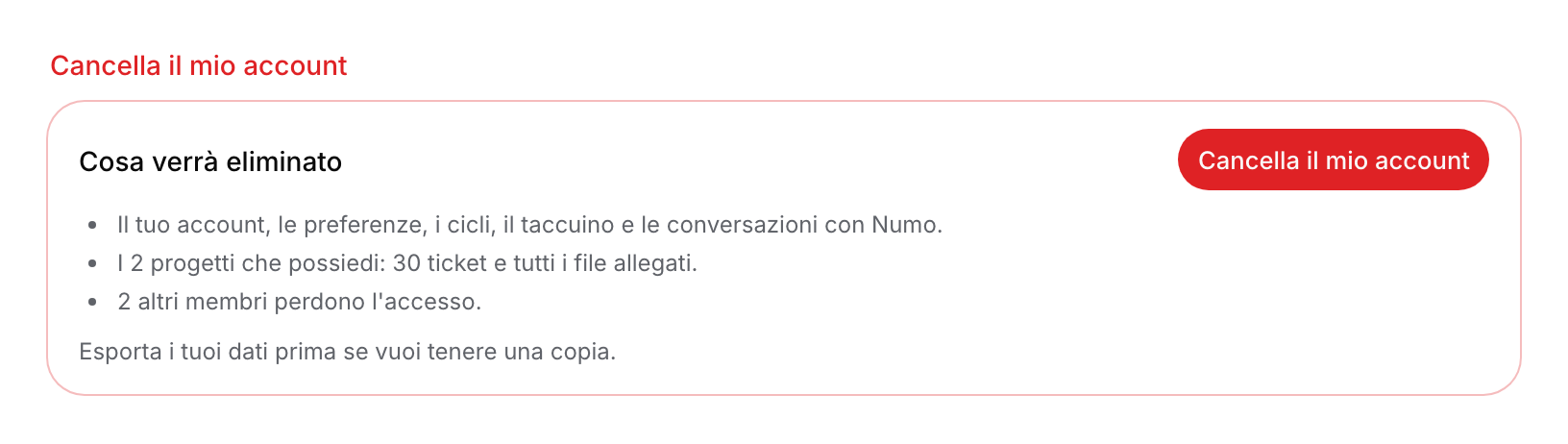 Anteprima di eliminazione con progetti posseduti, ticket e membri che perderanno l’accesso.