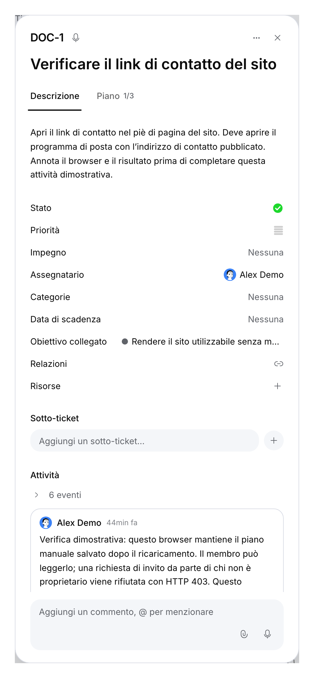 Ticket dimostrativo completato con descrizione e commento salvato.
