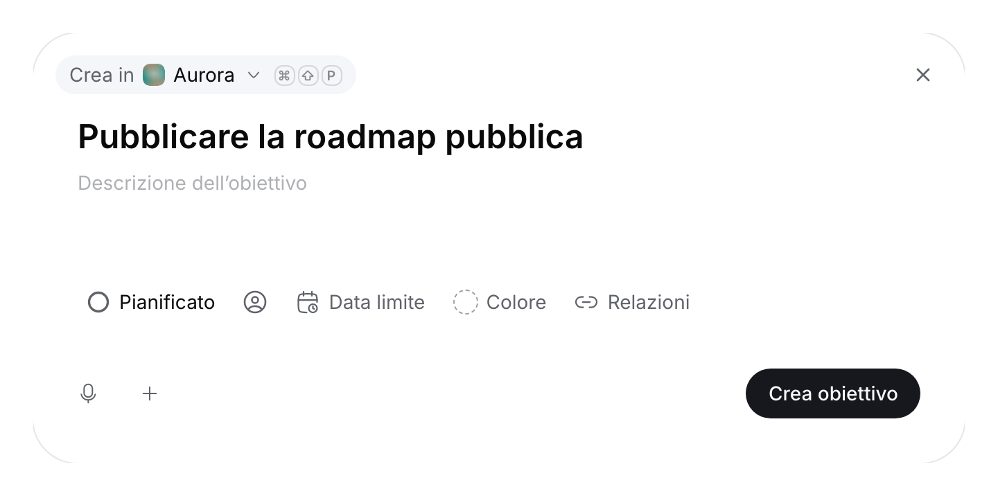 Finestra di creazione obiettivo non inviata nel progetto Aurora con un nome di risultato d’esempio e il pulsante Crea obiettivo.