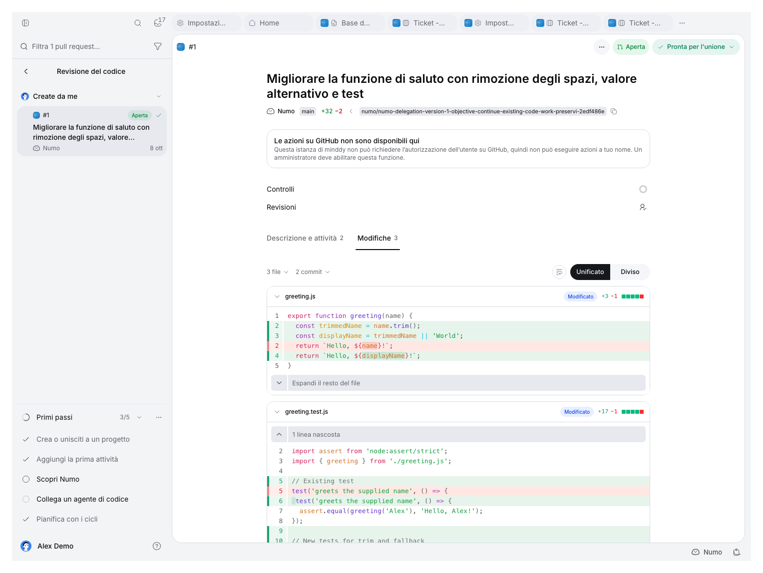 Scheda Modifiche della PR dimostrativa aperta, con il diff di greeting e l’avviso di autorizzazione GitHub non disponibile.
