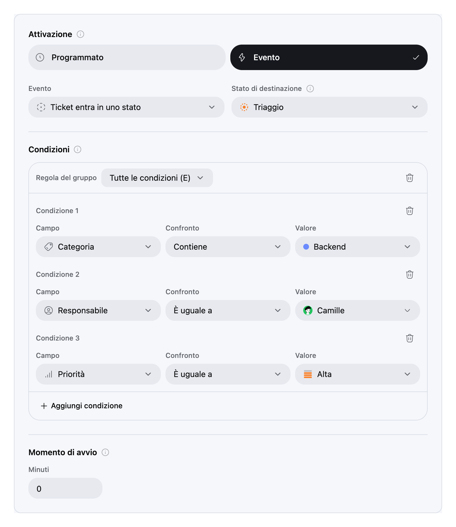 Modalità Programmato ed Evento, un gruppo di condizioni, icone dell’app e pulsanti informativi discreti.