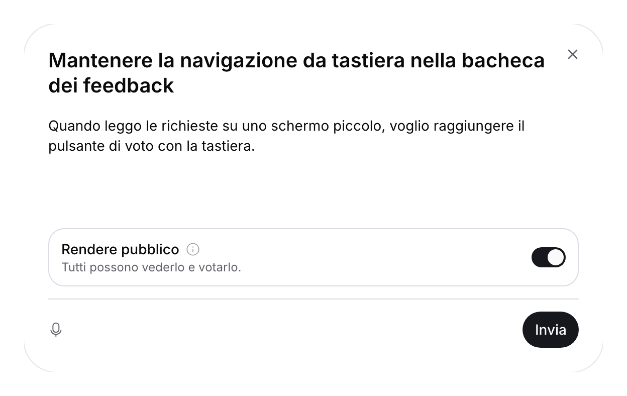 Modulo di feedback del visitatore con titolo, descrizione e visibilità pubblica attivata.