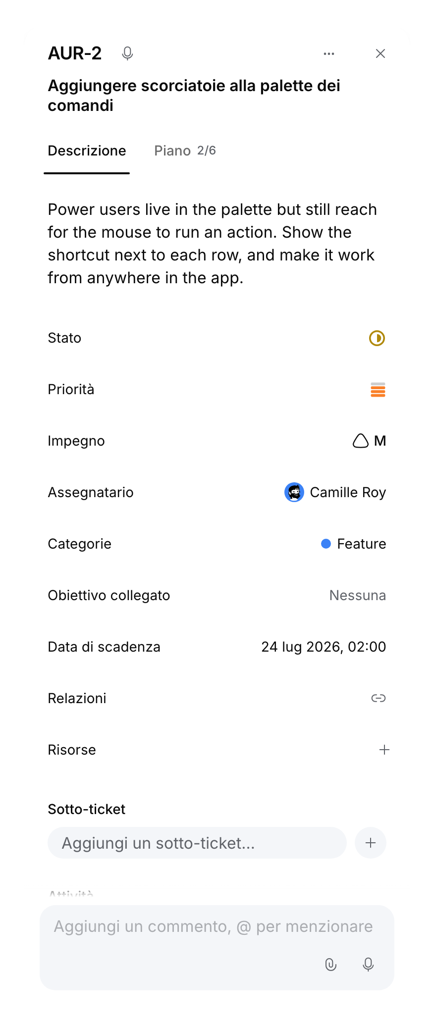 Pannello mobile di un ticket con titolo, descrizione, proprietà e campo per i commenti.