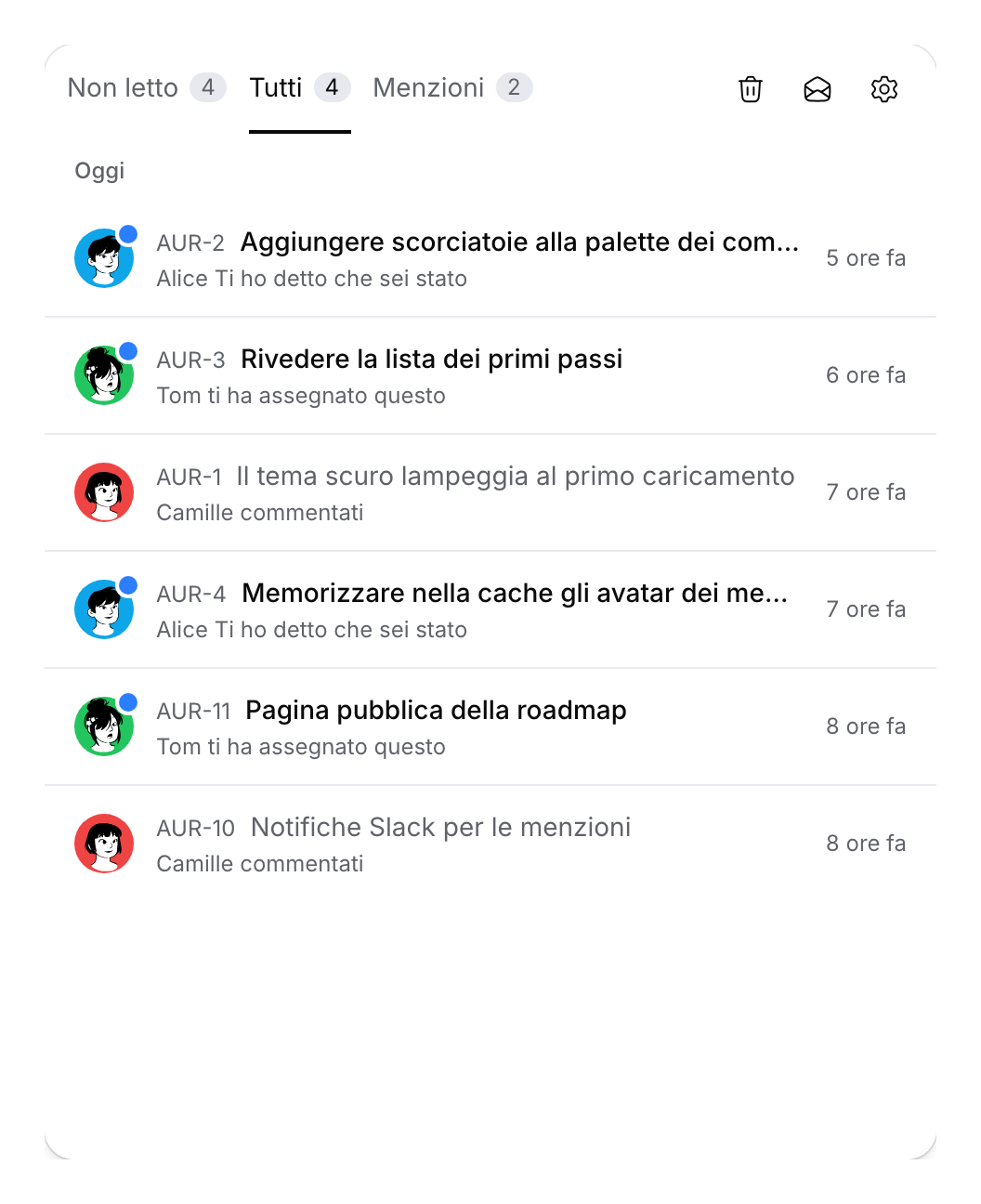 Posta in arrivo con menzioni, assegnazioni e commenti dimostrativi, letti e non letti.