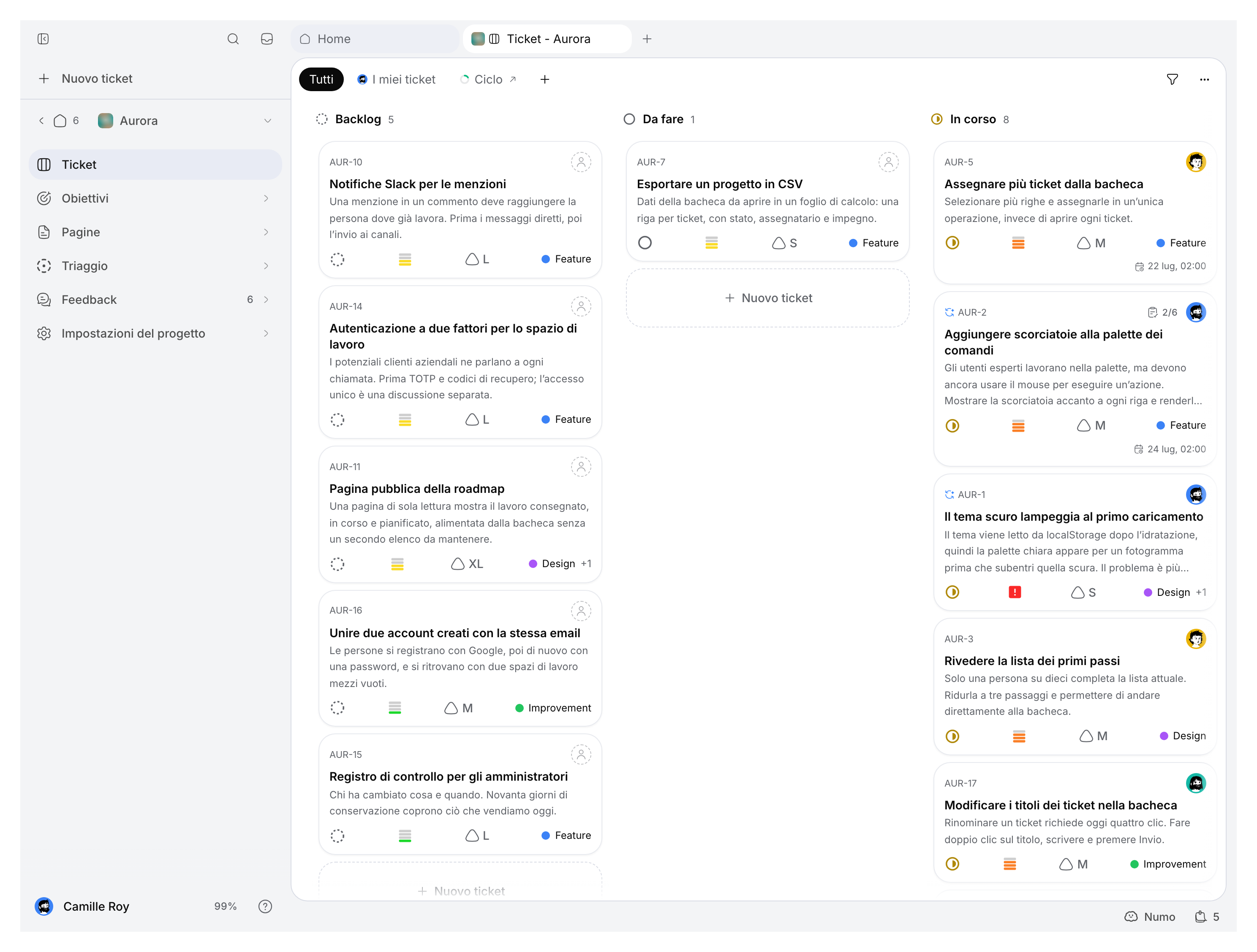 Navigazione del progetto accanto alla bacheca dei ticket dimostrativi.