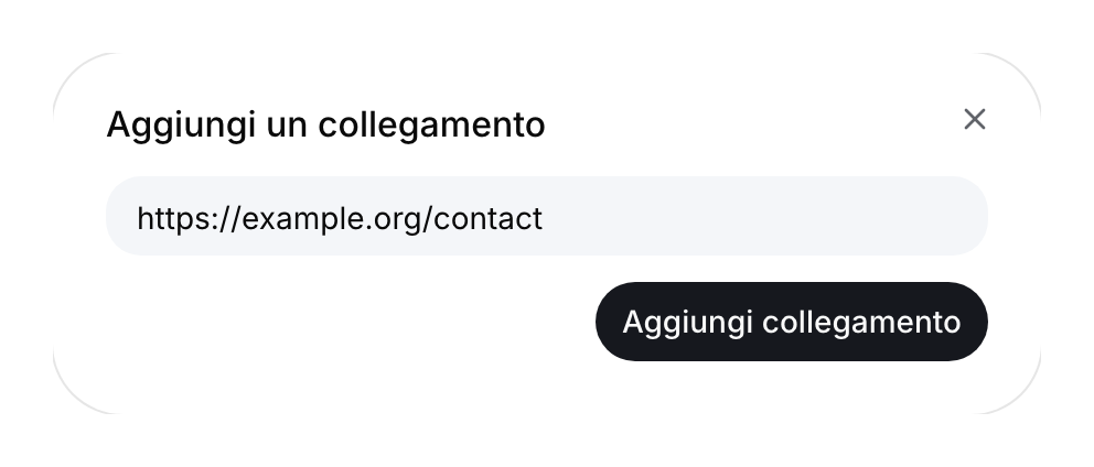 Finestra di aggiunta di un link con un indirizzo di contatto d’esempio.