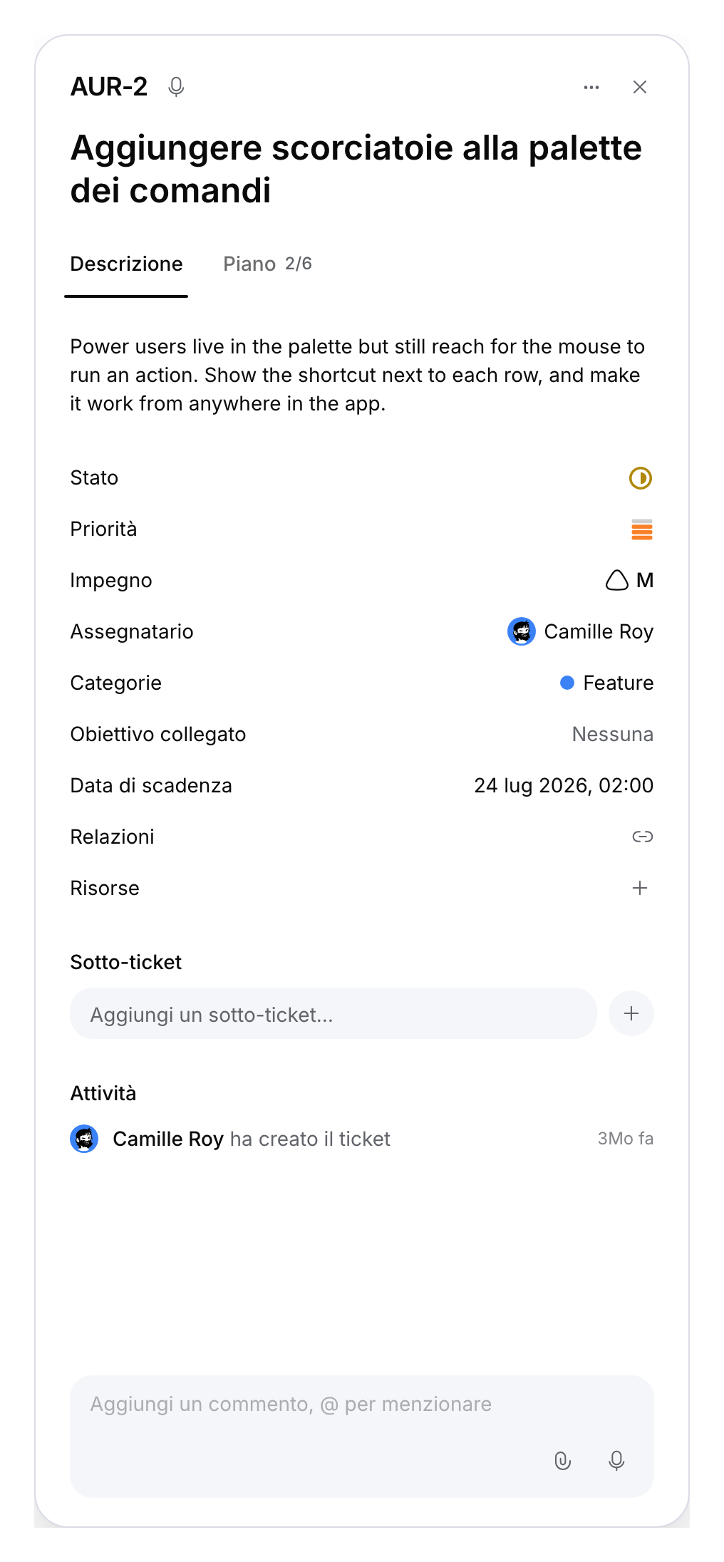 Campo per creare un sotto-ticket in un ticket principale dimostrativo.