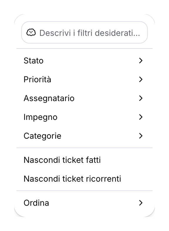 Filtri manuali di una vista e menu di ordinamento.