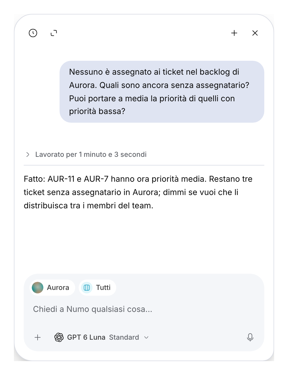 Conversazione dimostrativa Numo con contesto, cambio di priorità e risposta salvata.