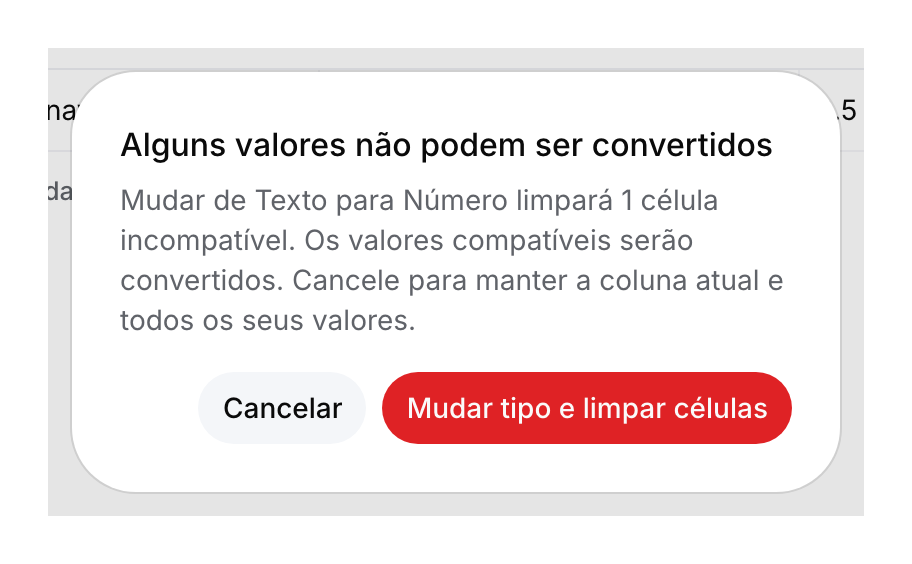 Aviso de conversão: mudar de Texto para Número limpa uma célula incompatível, com botões para cancelar ou confirmar.