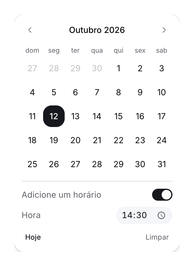 Prévia do seletor de data com 12 de outubro de 2026 selecionado, Adicione um horário ativado e Hora definida como 14:30.
