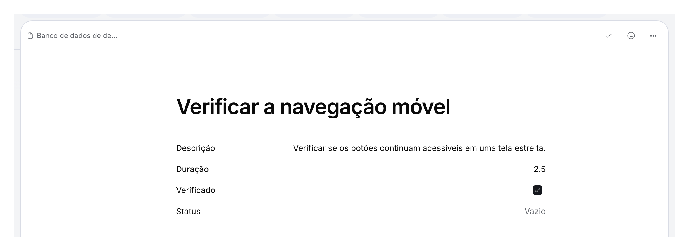 Registro de demonstração com descrição, duração 2.5, caixa marcada e seleção vazia.