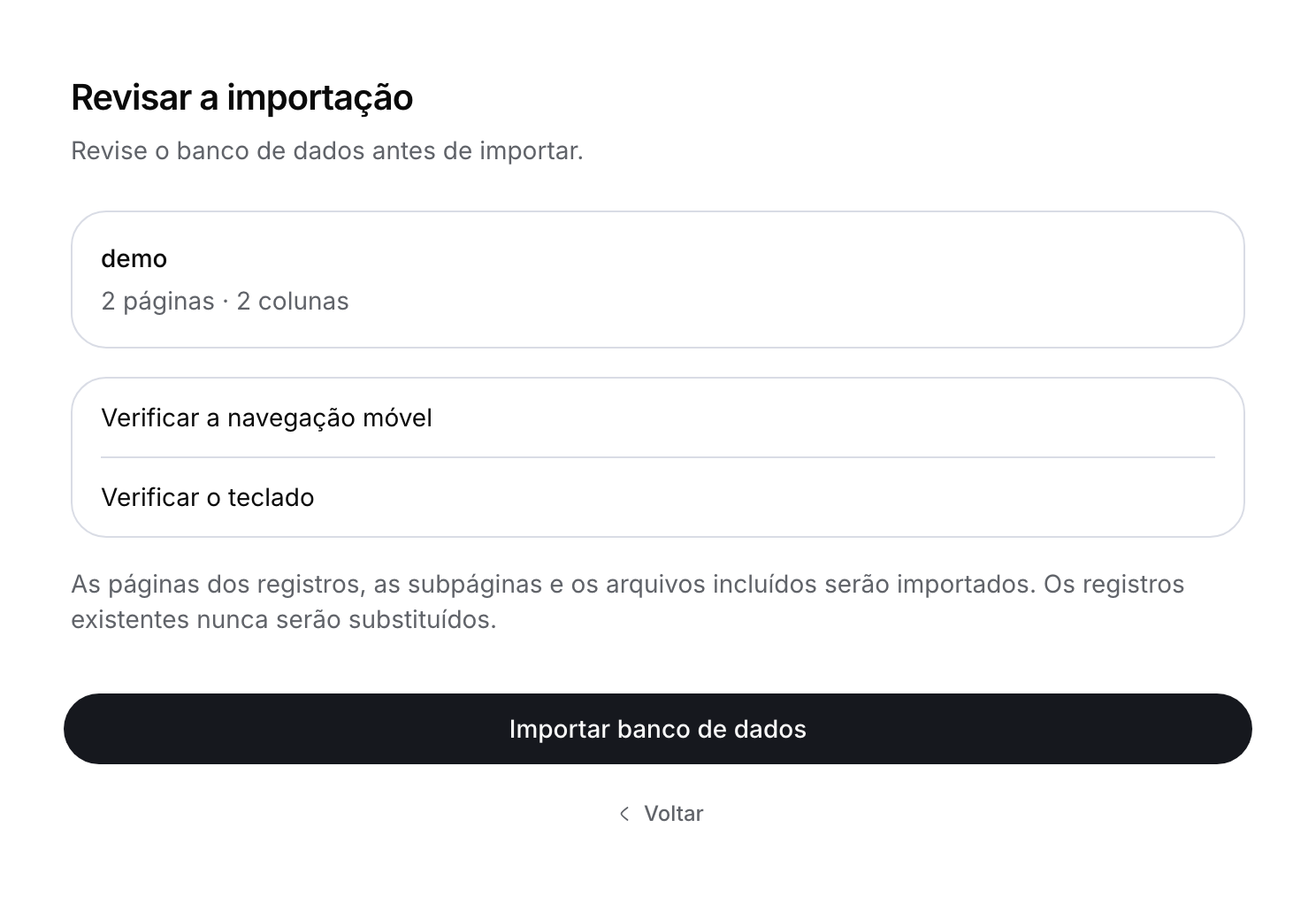 Revisão de um CSV local: duas páginas de registros e duas colunas, com o botão Importar banco de dados.