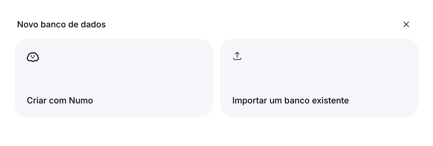 Prévia do componente com cartões para configurar uma nova base de dados com Numo ou importar uma existente.