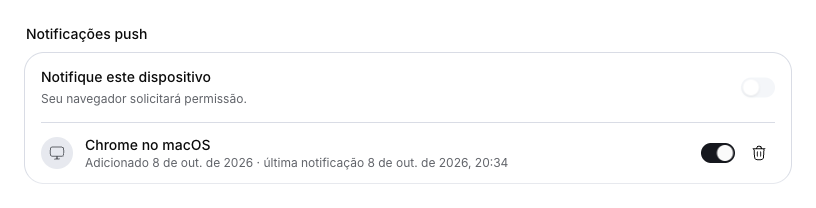 Dispositivo de navegador registrado e ativo na conta, com a data real do último envio.