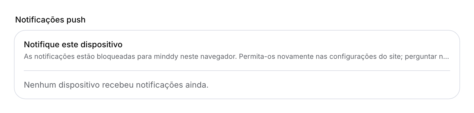 Configurações push com permissão bloqueada no navegador e nenhum dispositivo registrado.