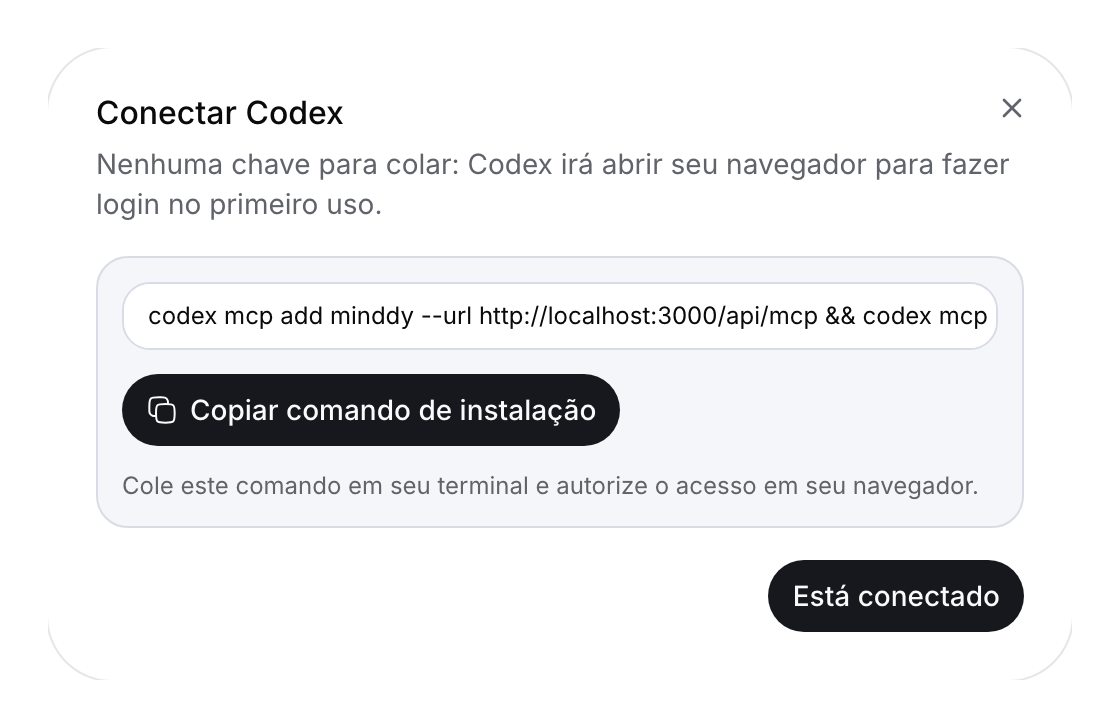 Diálogo de instalação do Codex mostrando o endpoint minddy Cloud.
