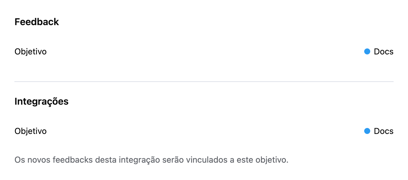 Prévia dos componentes de seleção de objetivo para um feedback e uma integração, ambos definidos como Docs.