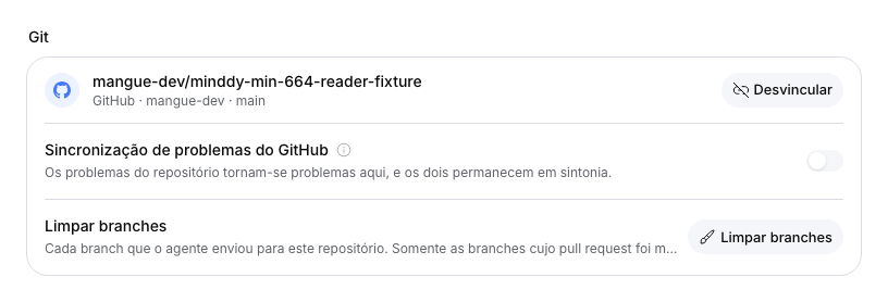 Repositório de demonstração do GitHub vinculado, com a sincronização de issues desativada.