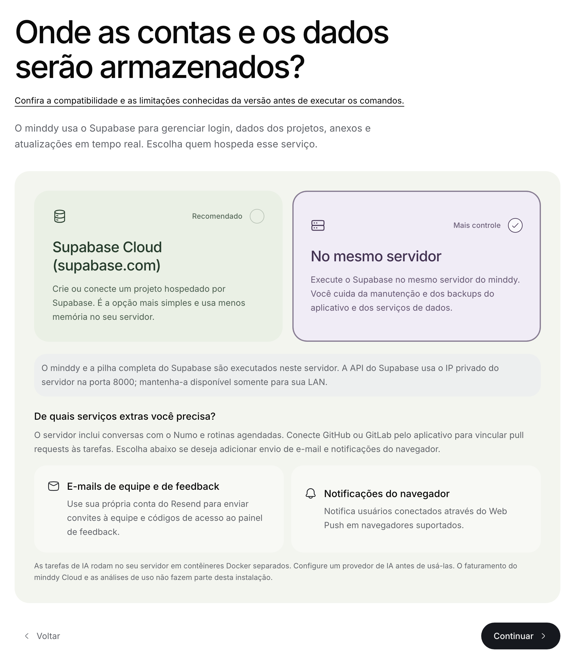 Assistente público de instalação com Supabase no mesmo servidor selecionado.