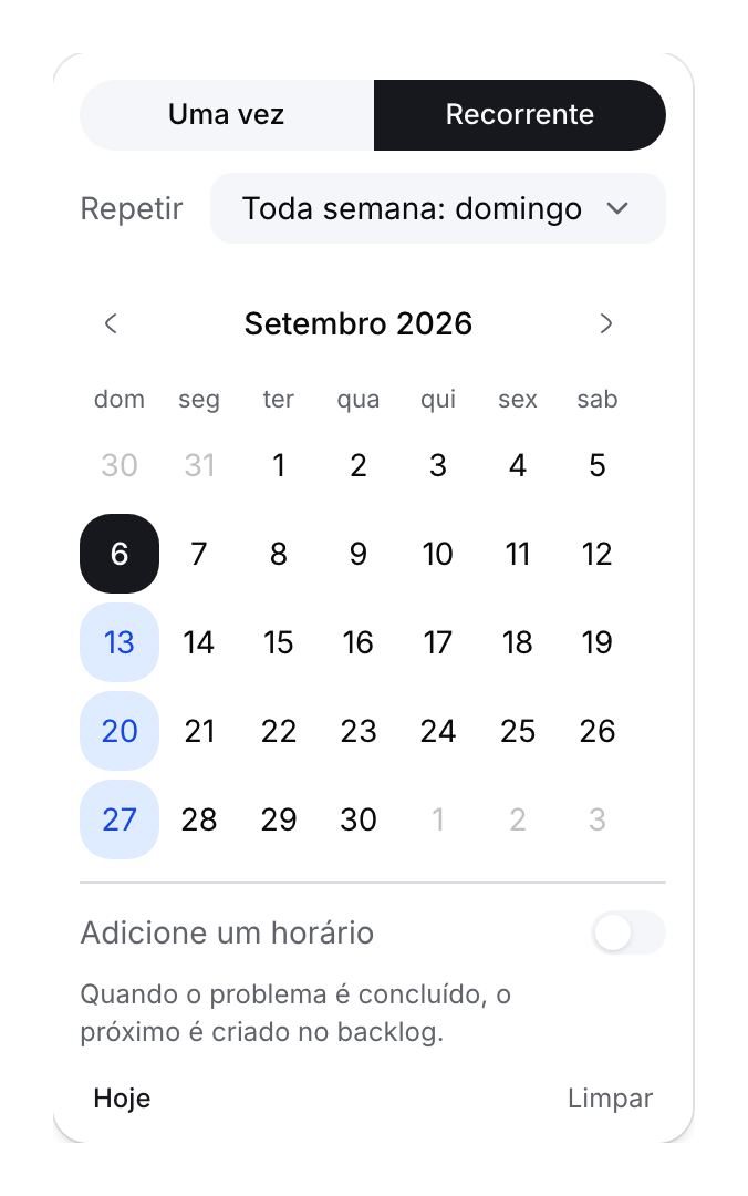 Seletor de prazo no modo recorrente com prévia semanal aos domingos e horário opcional.