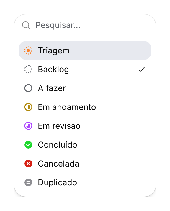 Os oito estados do ticket no seletor, com Backlog selecionado.