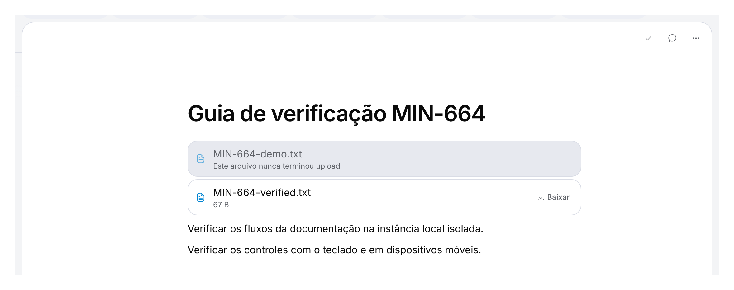 Página de demonstração com um upload incompleto e um arquivo salvo de 67 bytes com a opção Baixar.