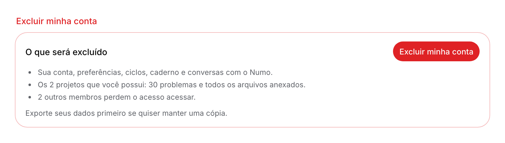 Prévia de exclusão com projetos próprios, tickets e membros que perderão acesso.
